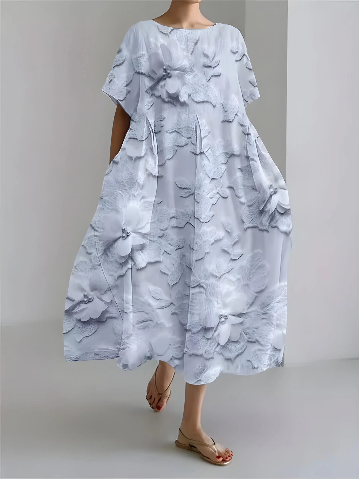 Vestido de Invitada de Boda Midi Elegante Fluido con Manga Corta