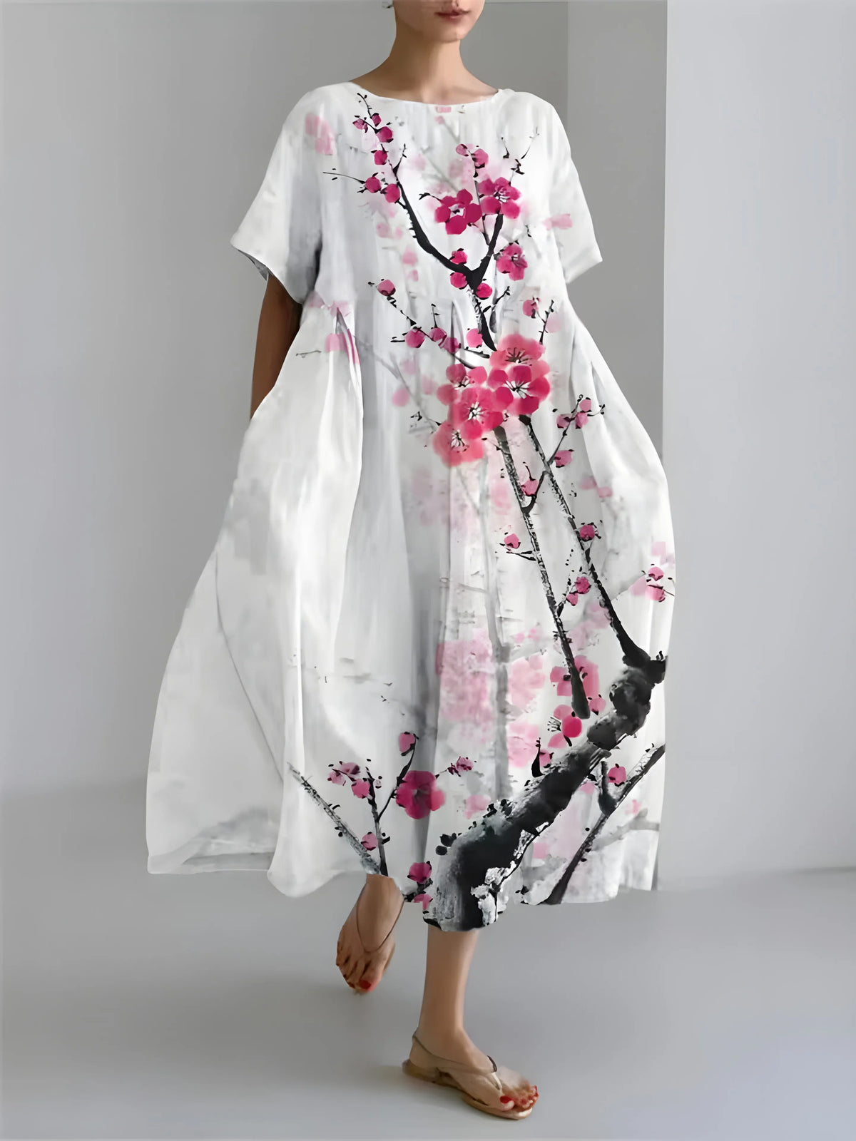 Vestido de Invitada de Boda Midi Elegante Fluido con Manga Corta