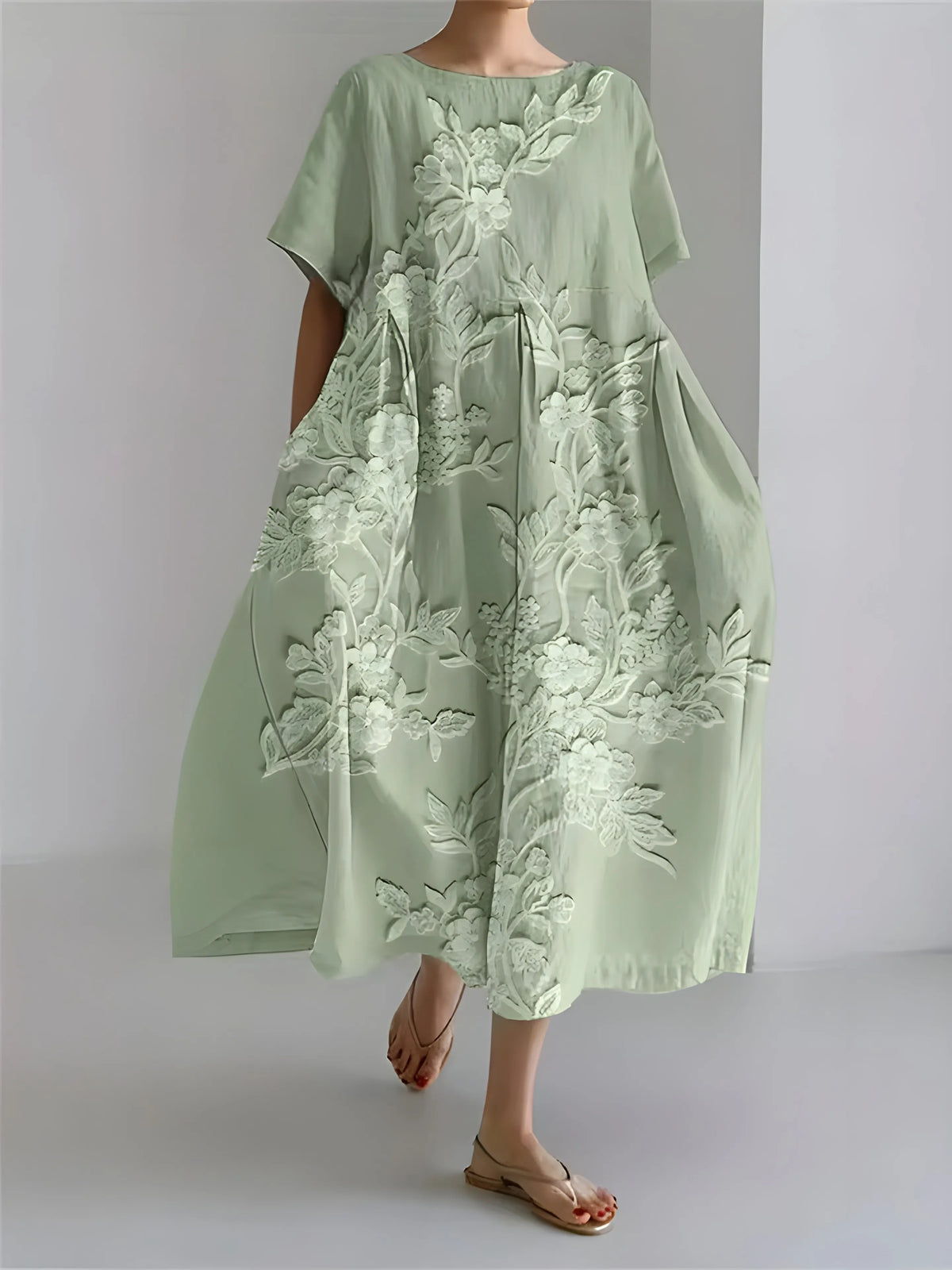Vestido de Invitada de Boda Midi Elegante Fluido con Manga Corta