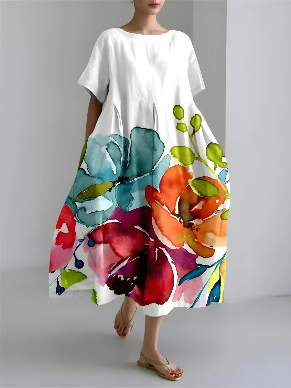 Vestido de Invitada de Boda Midi Elegante Fluido con Manga Corta