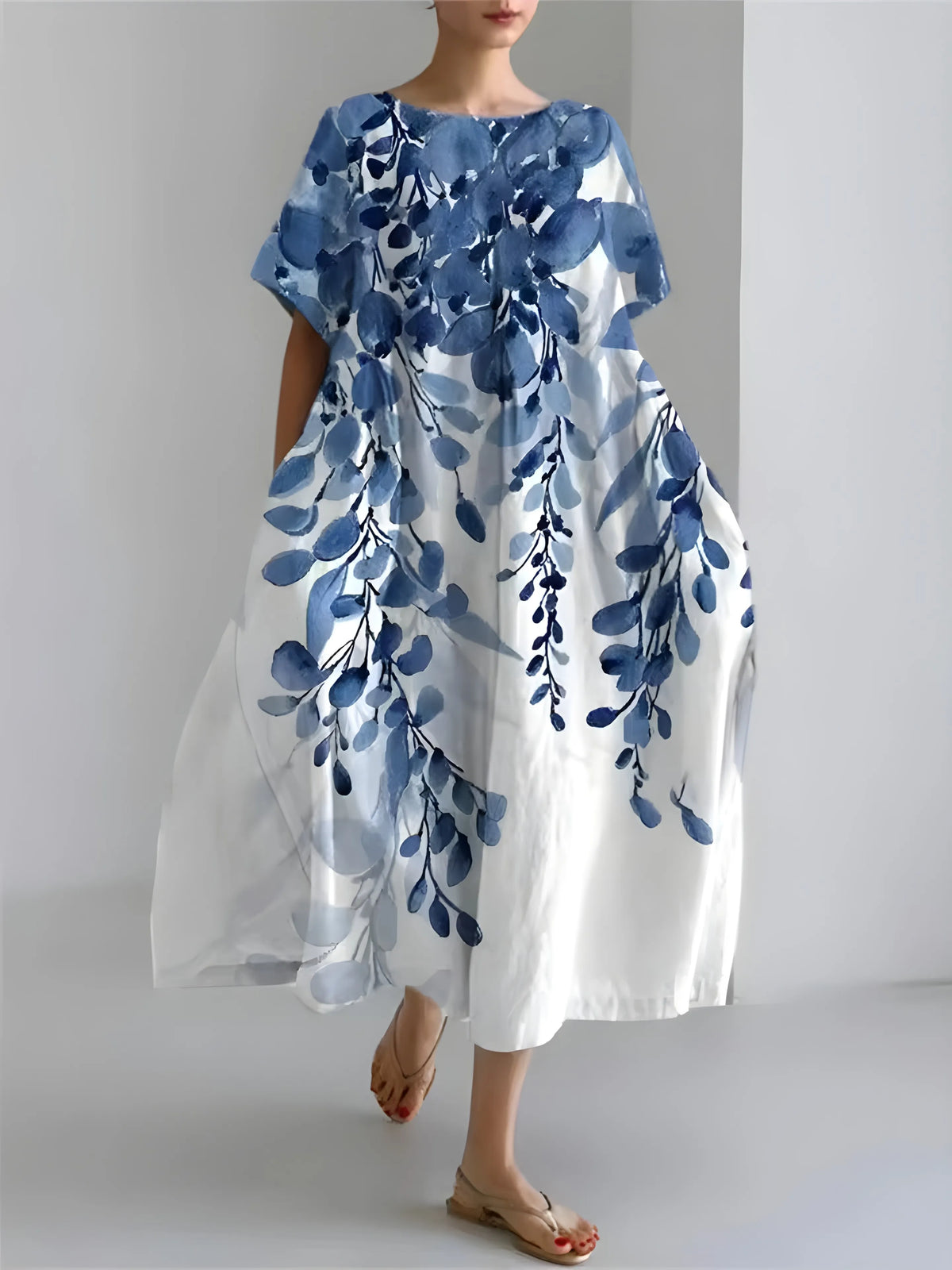 Vestido de Invitada de Boda Midi Elegante Fluido con Manga Corta