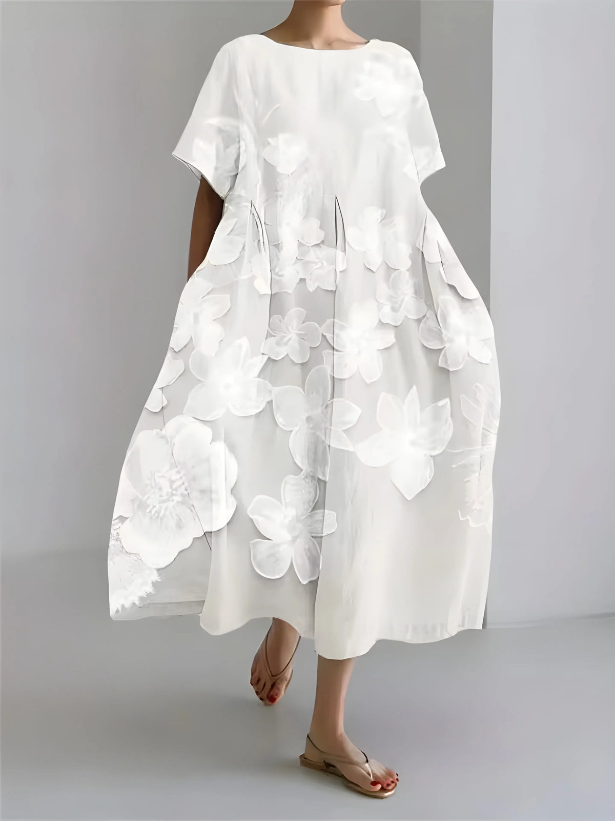 Vestido de Invitada de Boda Midi Elegante Fluido con Manga Corta