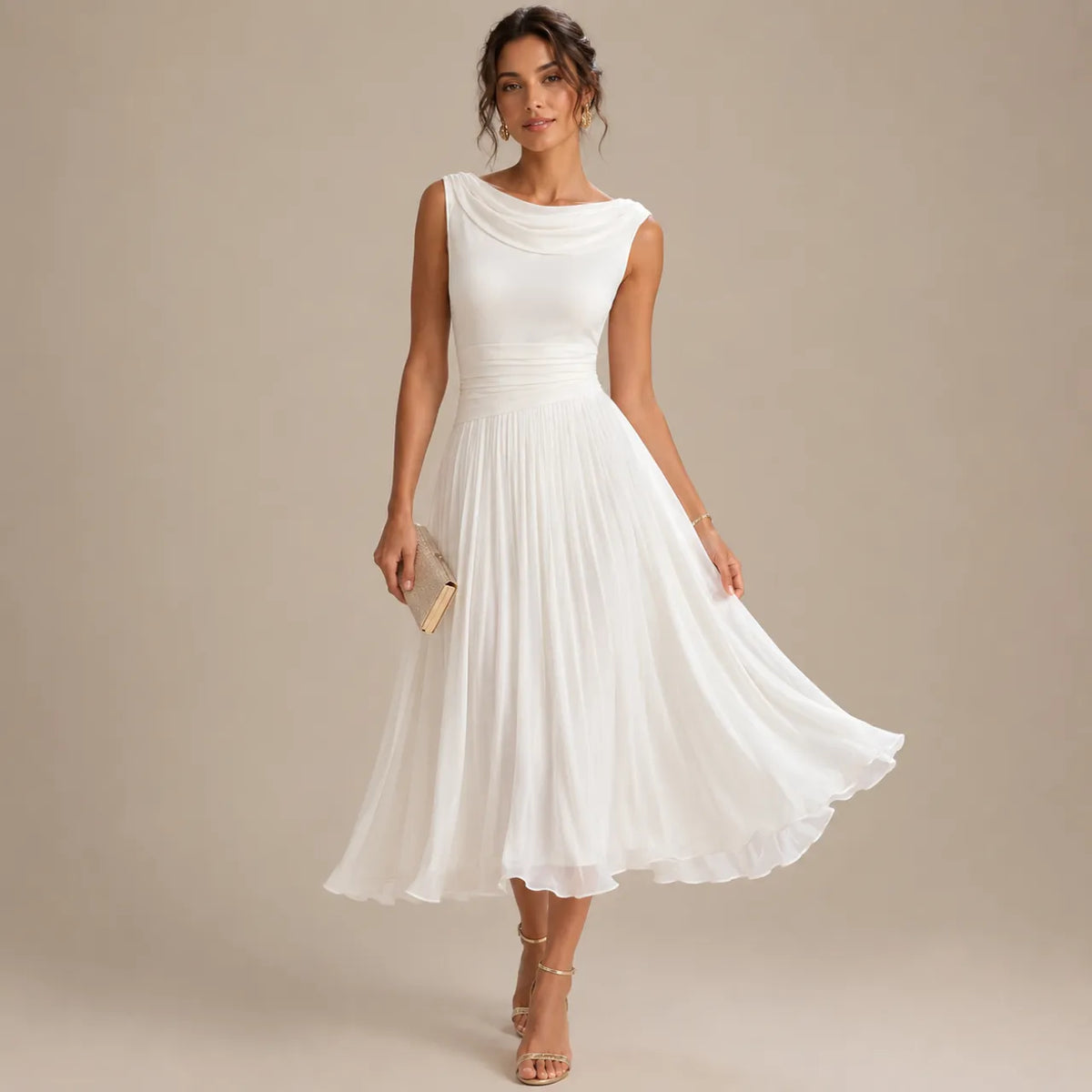 Vestido de Invitada de Boda Midi Elegante Fluido con Plisado