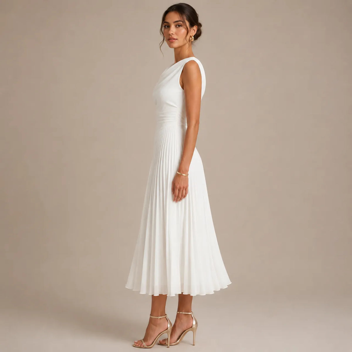 Vestido de Invitada de Boda Midi Elegante Fluido con Plisado