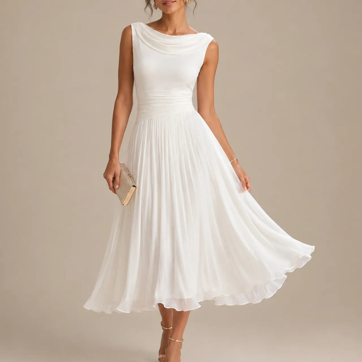 Vestido de Invitada de Boda Midi Elegante Fluido con Plisado