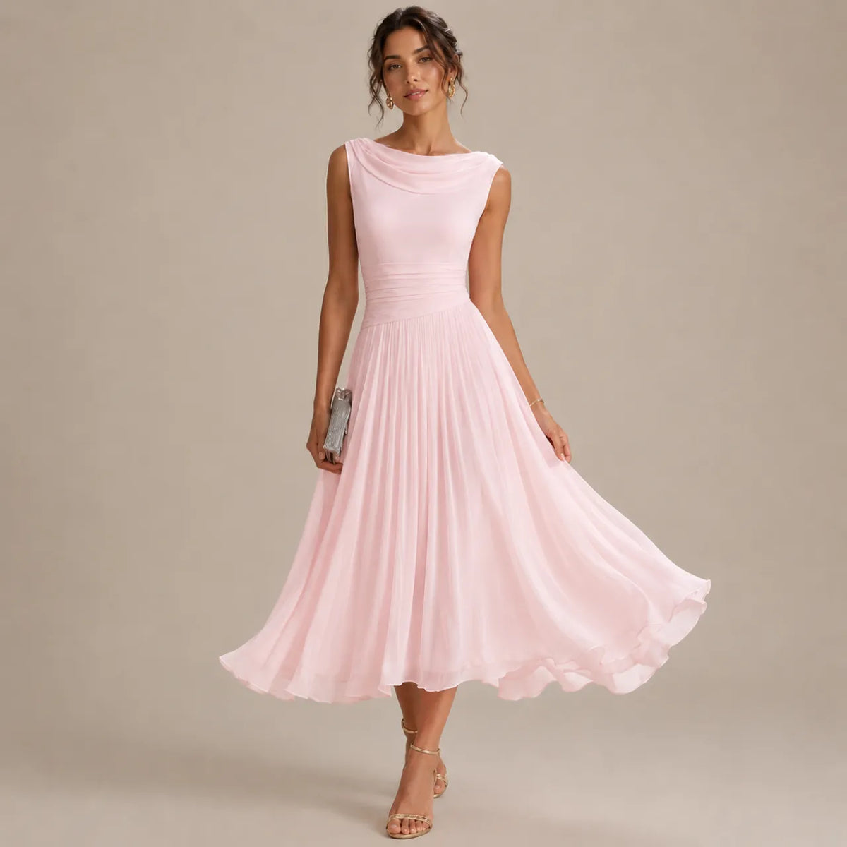 Vestido de Invitada de Boda Midi Elegante Fluido con Plisado