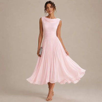 Vestido de Invitada de Boda Midi Elegante Fluido con Plisado