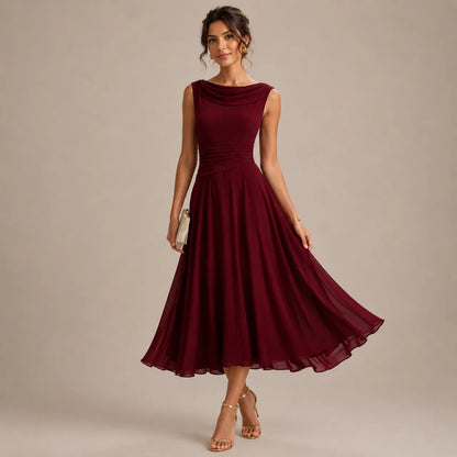 Vestido de Invitada de Boda Midi Elegante Fluido con Plisado