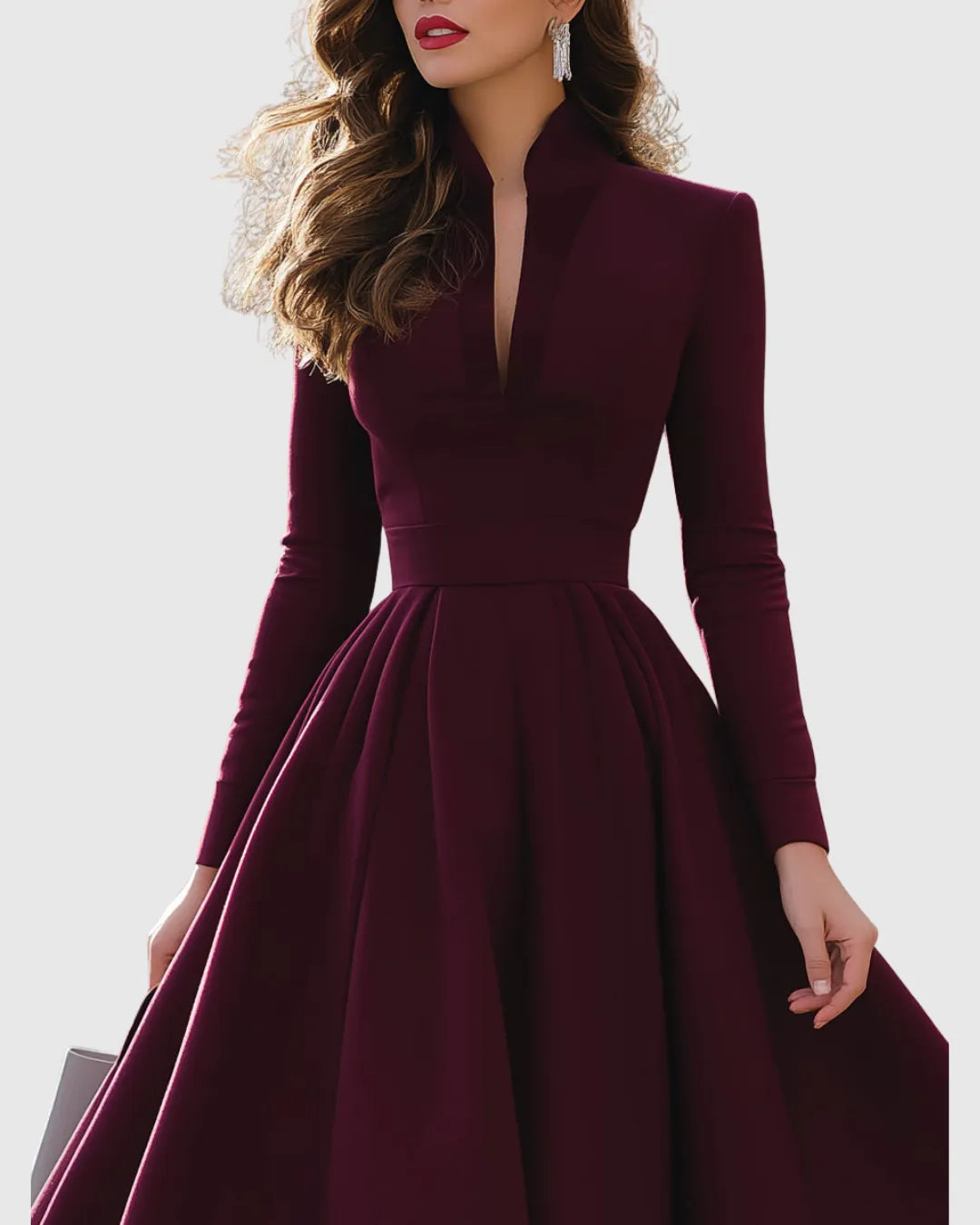 Vestido de Invitada de Boda Midi Elegante Formal con Manga Larga