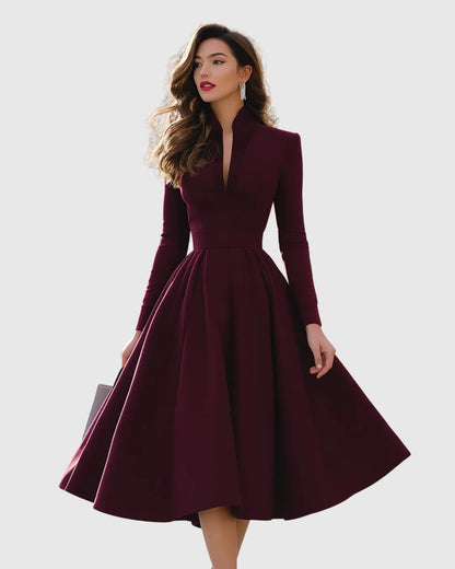 Vestido de Invitada de Boda Midi Elegante Formal con Manga Larga