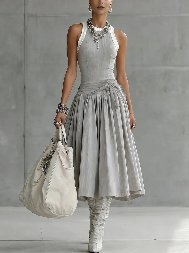 Vestido de Invitada de Boda Midi Elegante Gris con Drapeado