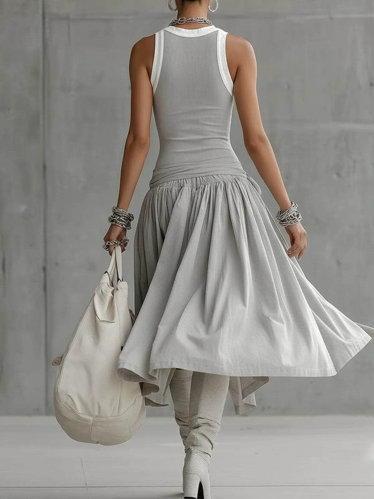 Vestido de Invitada de Boda Midi Elegante Gris con Drapeado