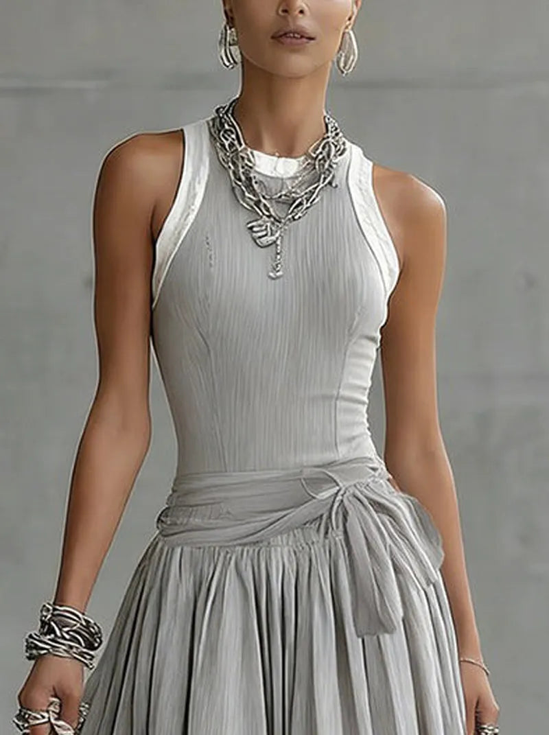 Vestido de Invitada de Boda Midi Elegante Gris con Drapeado