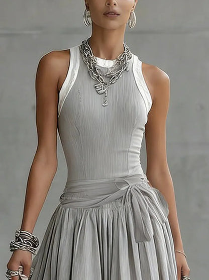 Vestido de Invitada de Boda Midi Elegante Gris con Drapeado