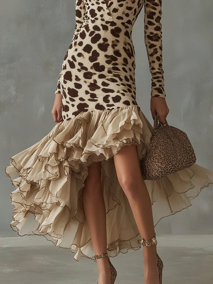 Vestido de Invitada de Boda Midi Elegante Leopardo con Volantes