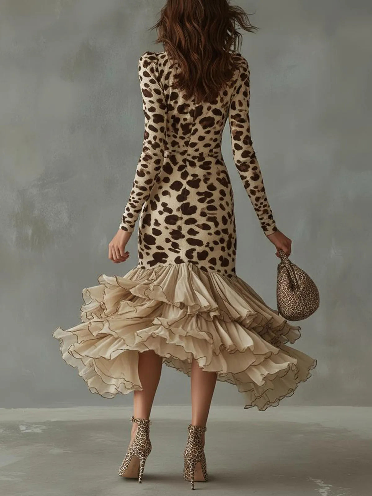 Vestido de Invitada de Boda Midi Elegante Leopardo con Volantes