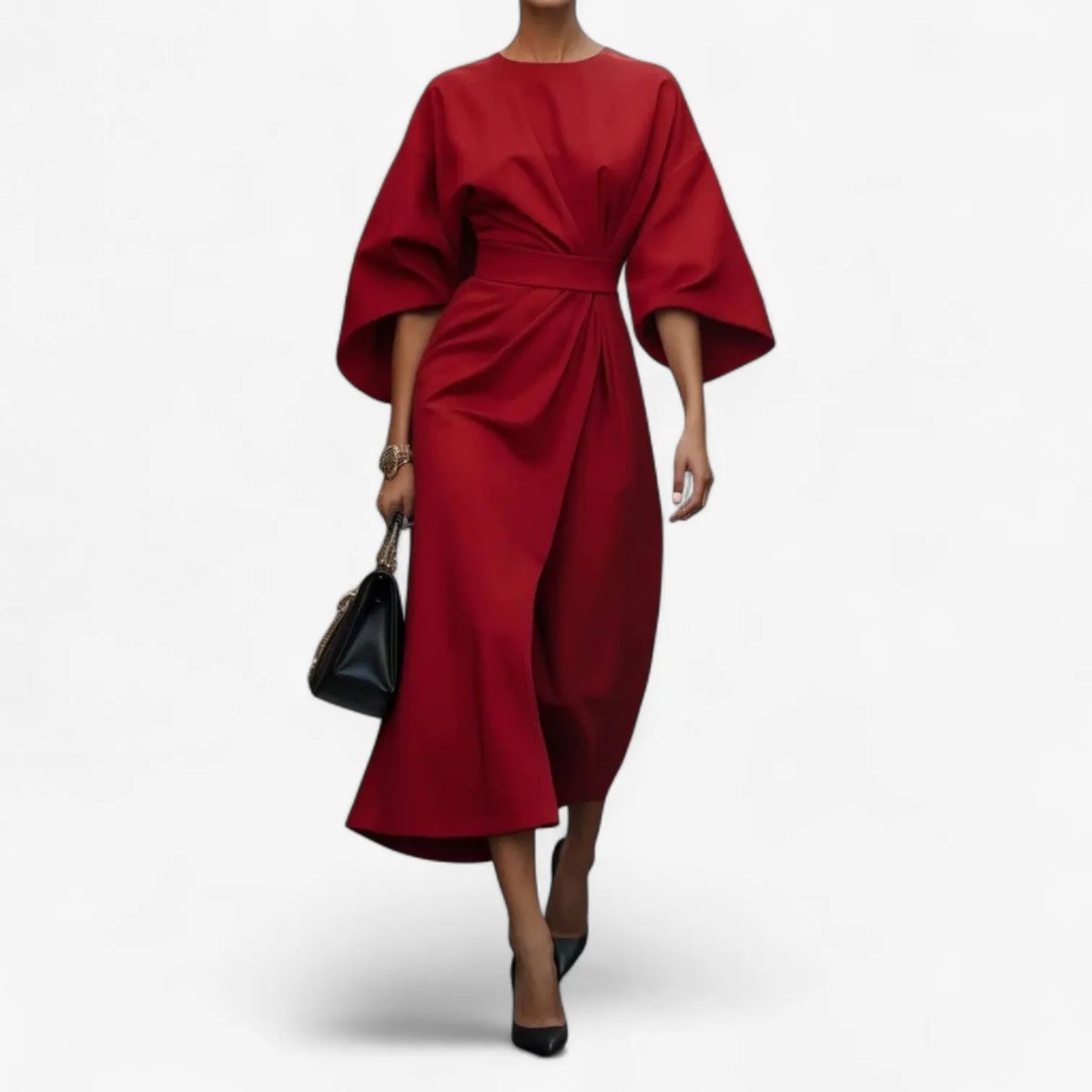 Vestido de Invitada de Boda Midi Elegante Manga Abullonada con Drapeado