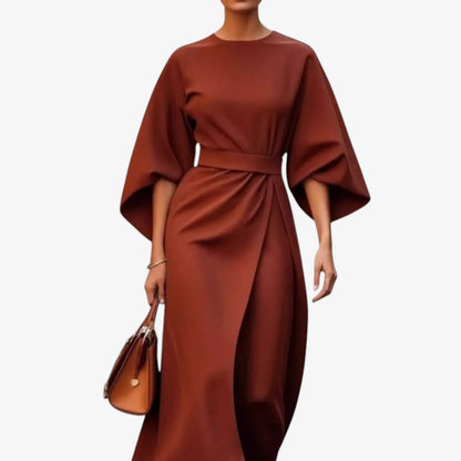 Vestido de Invitada de Boda Midi Elegante Manga Abullonada con Drapeado