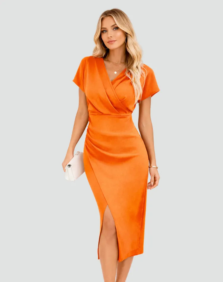 Vestido de Invitada de Boda Midi Elegante Moderno con Cuello Cruzado