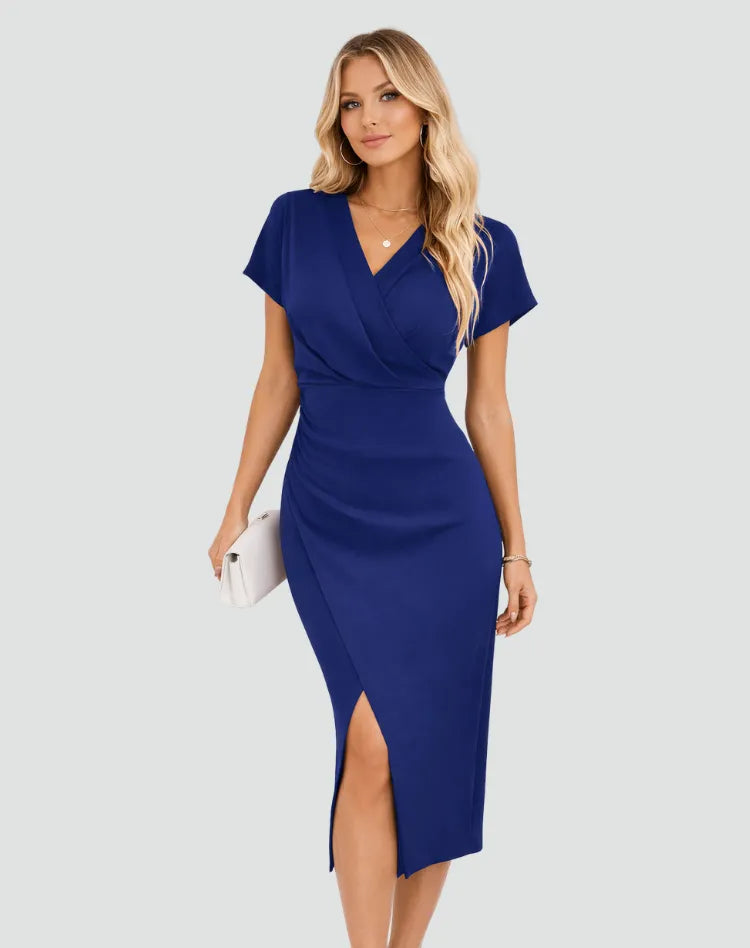 Vestido de Invitada de Boda Midi Elegante Moderno con Cuello Cruzado