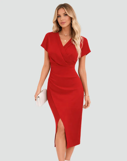 Vestido de Invitada de Boda Midi Elegante Moderno con Cuello Cruzado