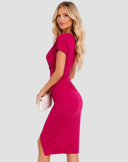 Vestido de Invitada de Boda Midi Elegante Moderno con Cuello Cruzado