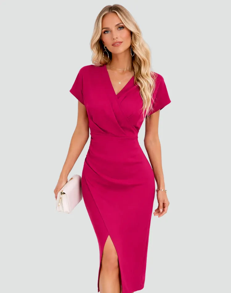Vestido de Invitada de Boda Midi Elegante Moderno con Cuello Cruzado