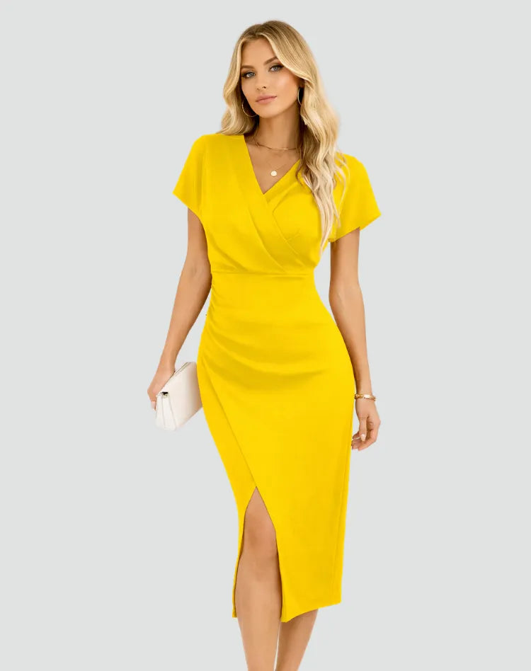 Vestido de Invitada de Boda Midi Elegante Moderno con Cuello Cruzado