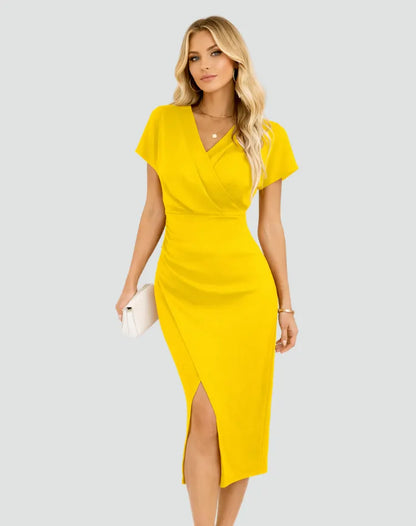 Vestido de Invitada de Boda Midi Elegante Moderno con Cuello Cruzado