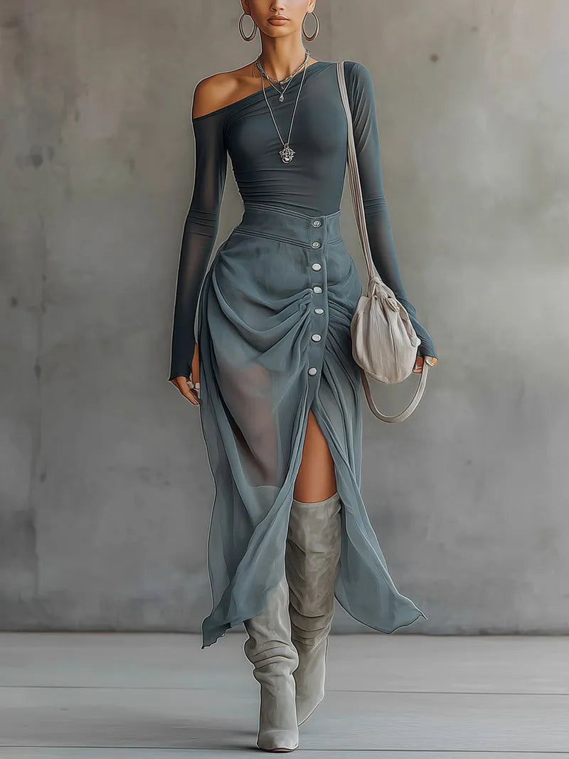 Vestido de Invitada de Boda Midi Elegante Moderno con Diseño Asimétrico