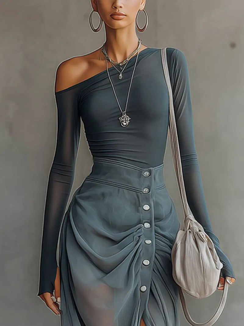 Vestido de Invitada de Boda Midi Elegante Moderno con Diseño Asimétrico