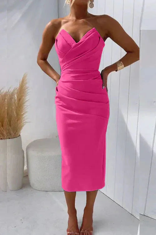 Vestido de Invitada de Boda Midi Elegante Palabra de Honor y Fruncido
