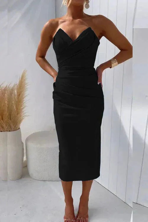 Vestido de Invitada de Boda Midi Elegante Palabra de Honor y Fruncido
