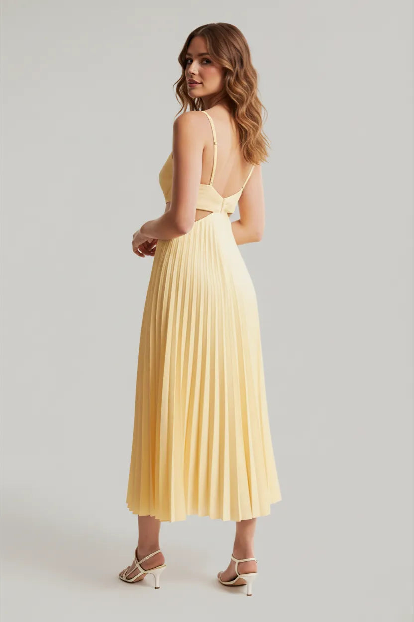 Vestido de Invitada de Boda Midi Elegante Plisado con Cut Out
