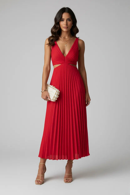 Vestido de Invitada de Boda Midi Elegante Plisado con Cut Out