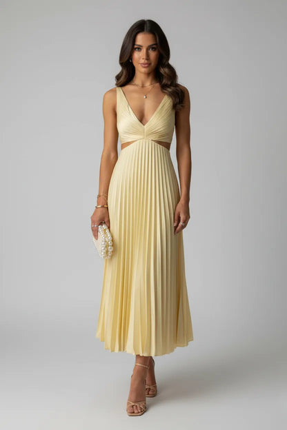 Vestido de Invitada de Boda Midi Elegante Plisado con Cut Out