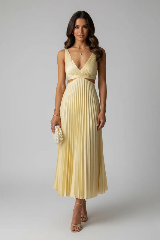 Vestido de Invitada de Boda Midi Elegante Plisado con Cut Out