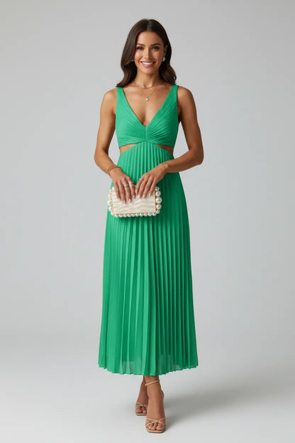 Vestido de Invitada de Boda Midi Elegante Plisado con Cut Out