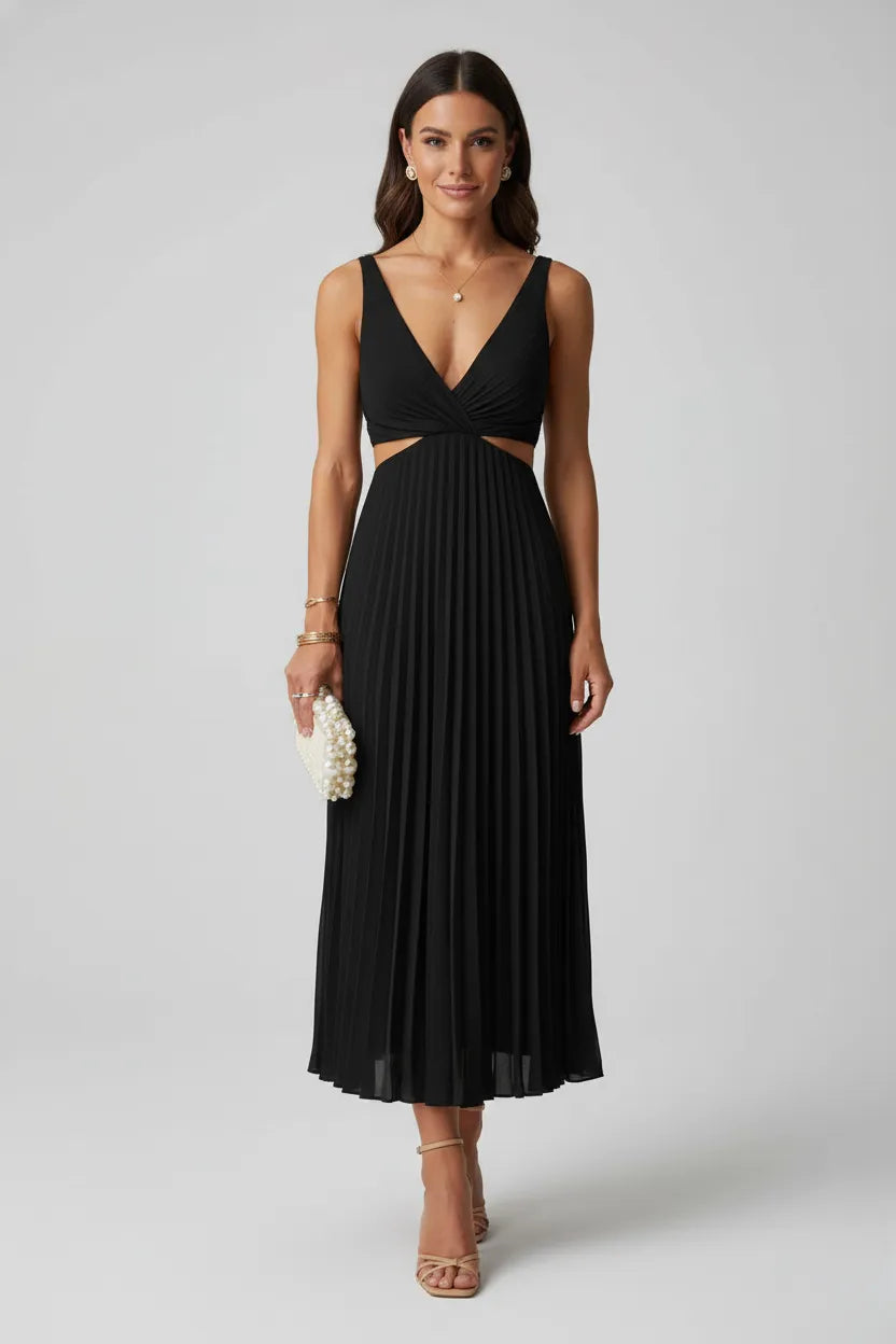 Vestido de Invitada de Boda Midi Elegante Plisado con Cut Out