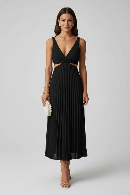 Vestido de Invitada de Boda Midi Elegante Plisado con Cut Out