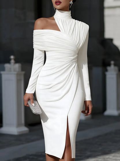 Vestido de Invitada de Boda Midi Elegante Refinado con Drapeado