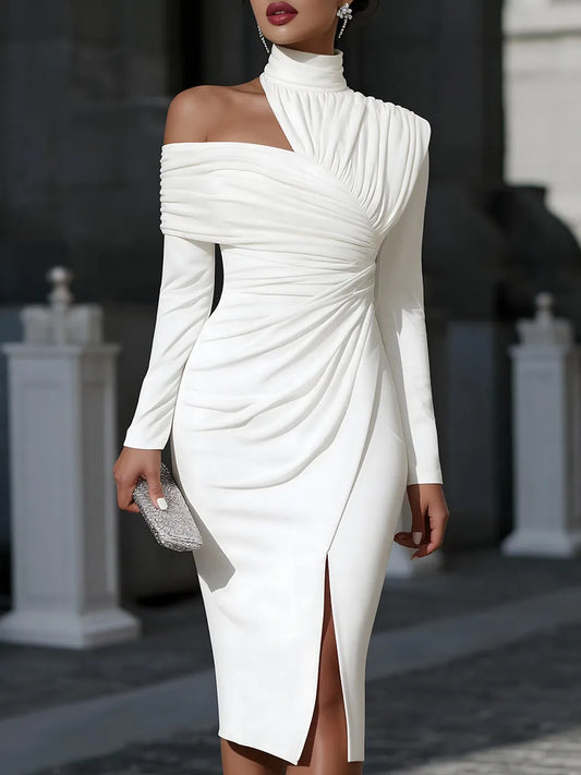 Vestido de Invitada de Boda Midi Elegante Refinado con Drapeado