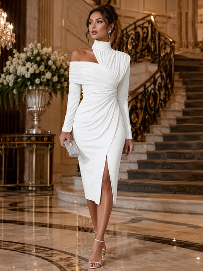 Vestido de Invitada de Boda Midi Elegante Refinado con Drapeado