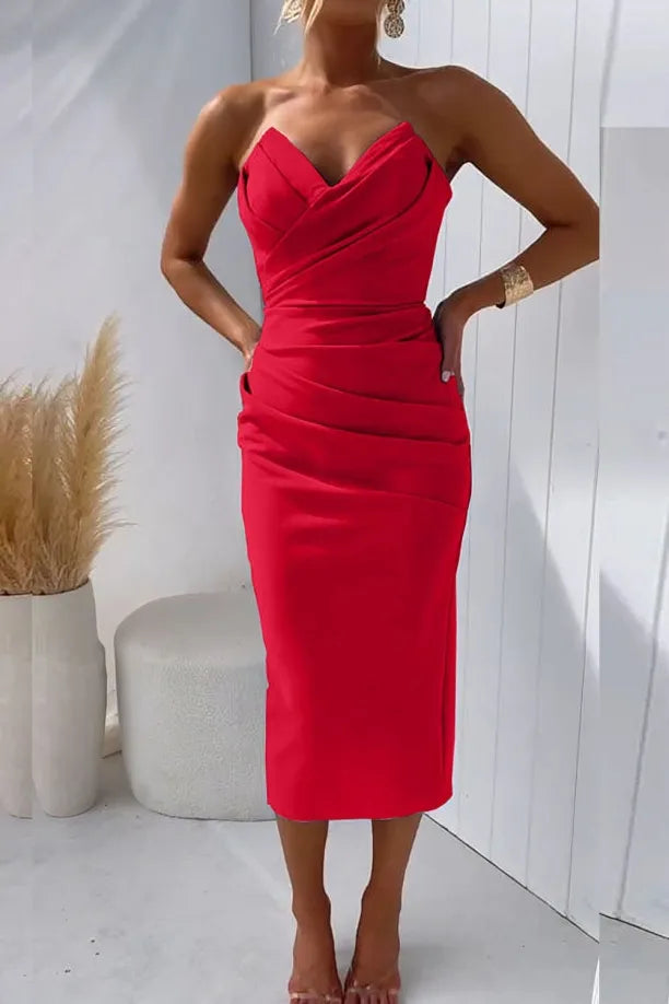 Vestido de Invitada de Boda Midi Elegante Sofisticado con Fruncido