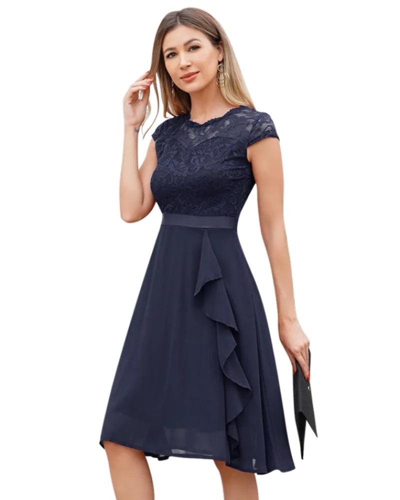 Vestido de Invitada de Boda Midi Elegante Volantes con Manga Corta