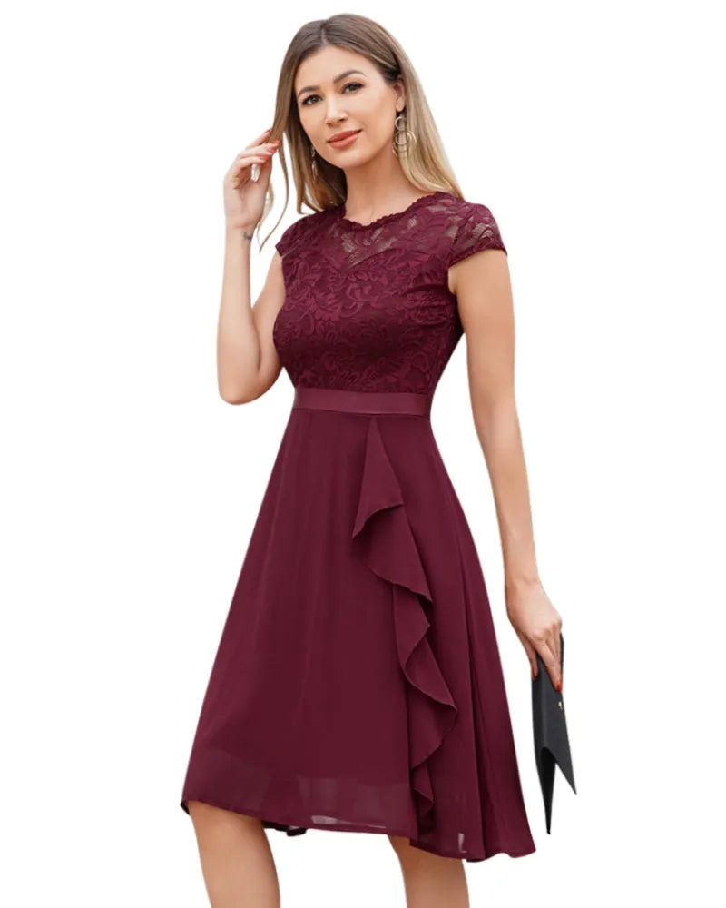 Vestido de Invitada de Boda Midi Elegante Volantes con Manga Corta
