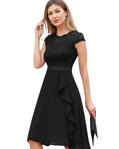 Vestido de Invitada de Boda Midi Elegante Volantes con Manga Corta