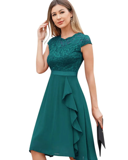 Vestido de Invitada de Boda Midi Elegante Volantes con Manga Corta