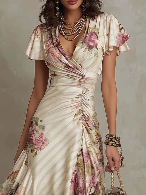 Vestido de Invitada de Boda Midi Elegante con Flores y Fruncido