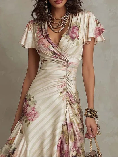 Vestido de Invitada de Boda Midi Elegante con Flores y Fruncido